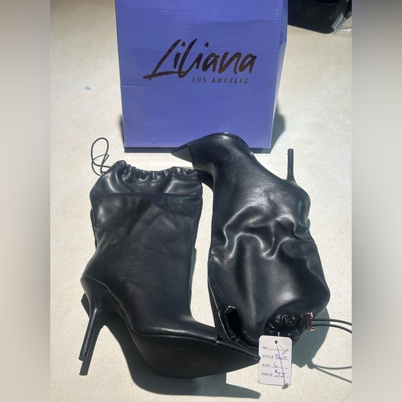 LILIANA Black Heeled Boots Stiletto Design with Cinch String Size 6 NWT - Picture 1 of 7